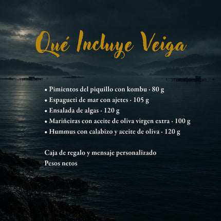 Contenido del pack vegano Veiga de VinNatura con conservas vegetales