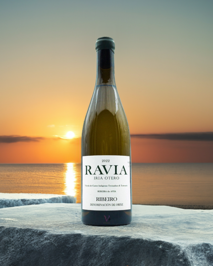 Vino ecológico Ravia 2022 de Iria Otero sobre unas rocas en una puesta de sol con el mar al fondo.