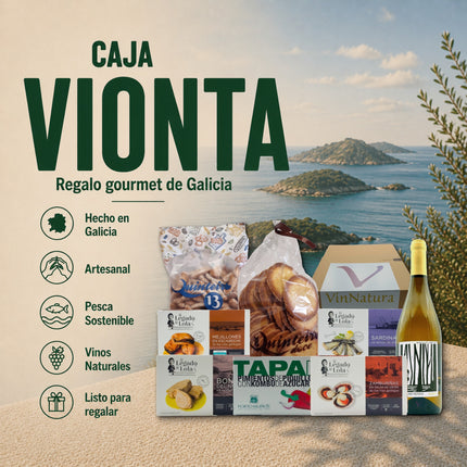 Regalo gourmet de las Rías Gallegas Vionta con conservas artesanales, dulces tradicionales y vino blanco gallego en presentación cuidada