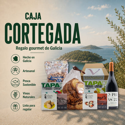 Regalo gourmet gallego Cortegada con conservas artesanales, tapas vegetales, dulces tradicionales y vino Mencía en presentación cuidada