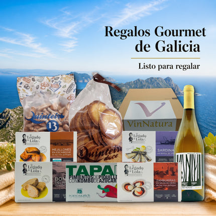 Regalo gourmet gallego Vionta con conservas artesanales, dulces tradicionales y vino blanco gallego listo para regalar