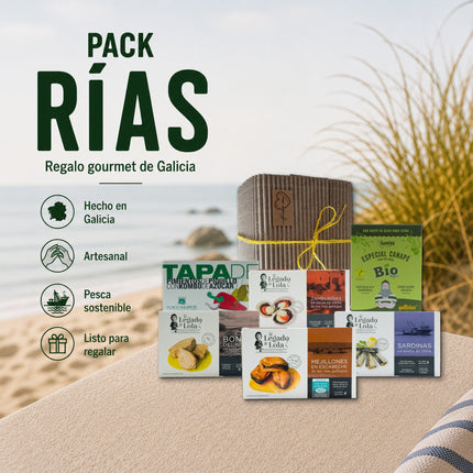 Regalo gourmet gallego Rías con conservas artesanales, tapa vegetal, mariñeiras y presentación lista para regalar