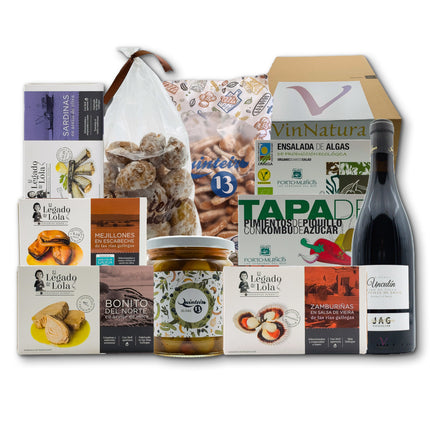 Regalo gourmet gallego Rodas con conservas artesanales, algas de Galicia, dulces tradicionales y vino Mencía para regalar