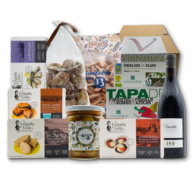 Regalo gourmet gallego Rodas con conservas artesanales, algas de Galicia, dulces tradicionales y vino Mencía para regalar