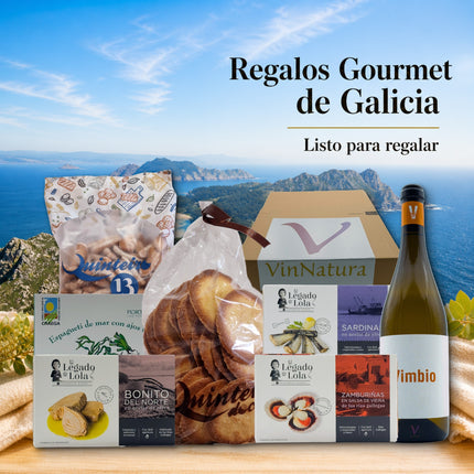 Regalo gourmet gallego Sálvora con conservas artesanales, algas de Galicia, dulces tradicionales y vino blanco listo para regalar