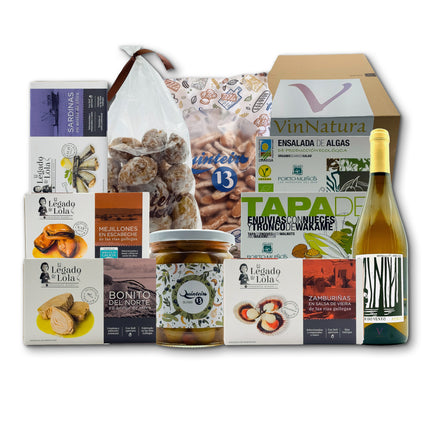 Regalo gourmet gallego Cíes con conservas artesanales, algas, dulces tradicionales y vino Godello para regalar