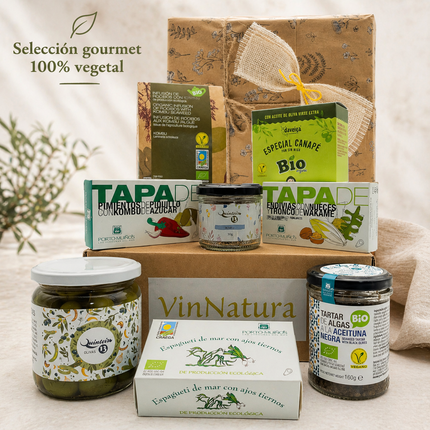 Regalo gourmet vegano Terra con algas ecológicas, tapas vegetales, aceitunas y productos de Galicia para regalar