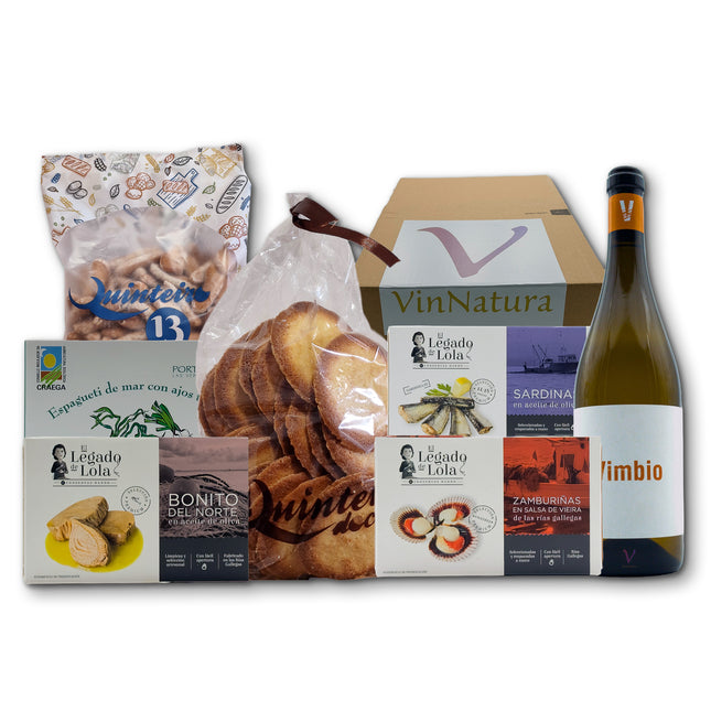 Regalo gourmet gallego Sálvora con conservas artesanales, algas de Galicia, dulces tradicionales y vino blanco para regalar
