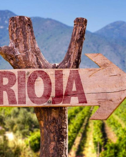 Primer plano de un letrero en forma de flecha, con la palabra Rioja, sobre un tronco, en segundo plano y desenfocados un viñedo con unas montañas al fondo.