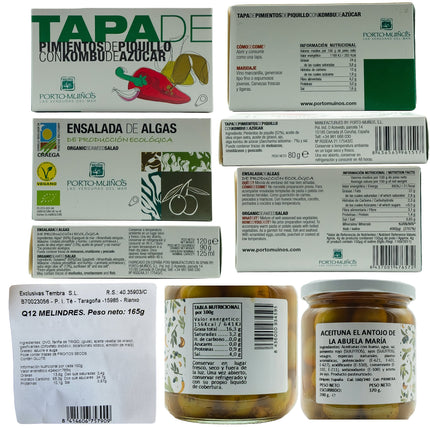 Etiquetas de melindres, algas gallegas, pimientos y aceitunas de la caja gourmet con productos gallegos Rodas