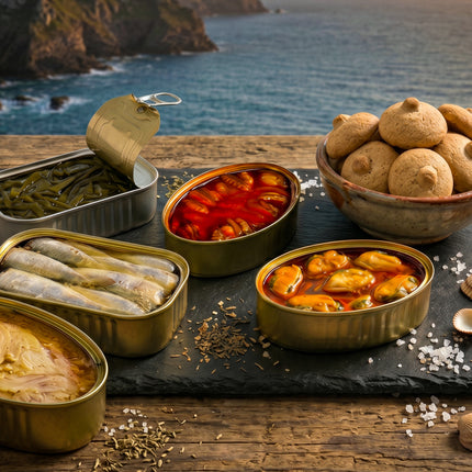 Bodegón Sabor a Mar con conservas de Galicia, sardinillas, mejillones, bonito y dulces artesanales sobre mesa marinera