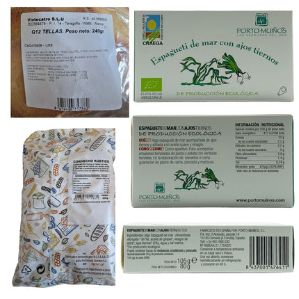 Etiquetas de algas, tellas y picos artesanales de la caja gourmet con productos gallegos Sálvora