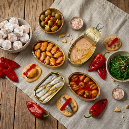 Selección gourmet Morriña con conservas de Galicia, algas, aceitunas, pimientos y aperitivos servidos sobre mesa de madera