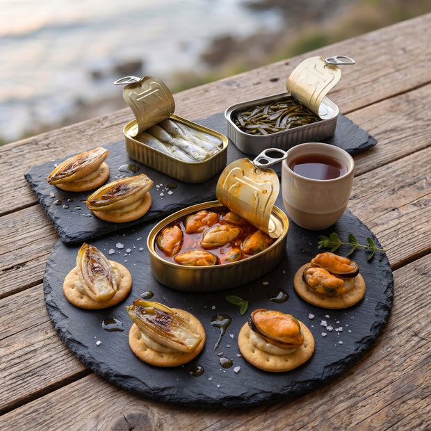 Tabla de aperitivo con mejillones en escabeche, sardinillas, algas y galletas mariñeiras