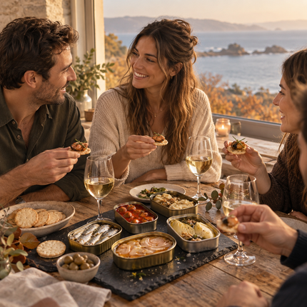 Aperitivo entre amigos cerca del mar con conservas gourmet seleccionadas por VinNatura