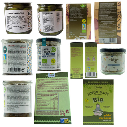 Etiquetas de mariñeiras, algas gallegas, infusión de rooibos y romero de la caja de regalo vegana con productos gallegos Terra