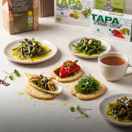 Caja de regalo vegana Terra con conservas vegetales de Galicia y te rooibos con alga kombu
