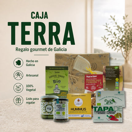 Iconos cesta vegana Terra de VinNatura con conservas vegetales y productos gourmet de Galicia