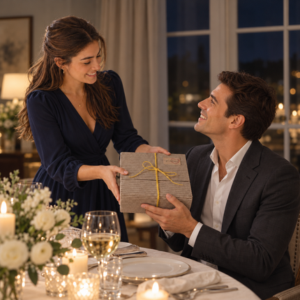Entrega de una pack de regalo artesanal de VinNatura en una cena elegante