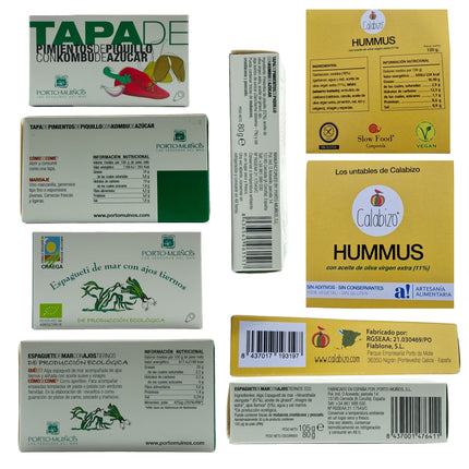 Etiquetas de los productos del pack gourmet vegano Veiga
