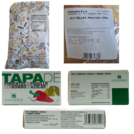 Etiquetas de tellas, picos artesanales y pimientos del piquillo de la caja gourmet con productos gallegos Vionta