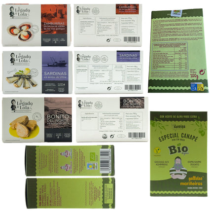 Etiquetas de conservas artesanales del pack con conservas de Galicia Xabrón
