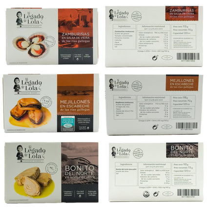 Etiquetas de conservas artesanales del pack con conservas de Galicia Xeito