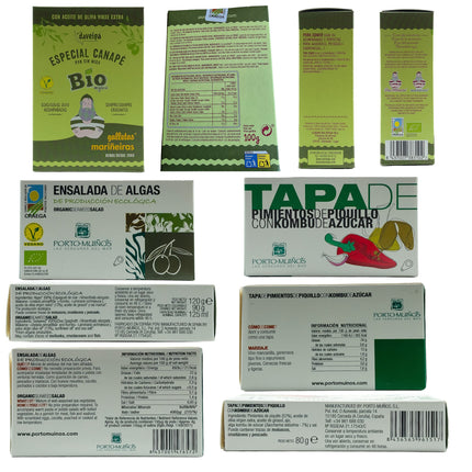 Etiquetas de mariñeiras, algas gallegas y pimientos del piquillo del pack con conservas artesanales Xeito