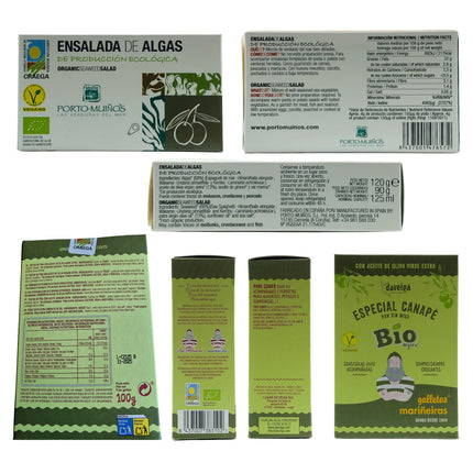 Etiquetas de los productos del pack gourmet Xeito