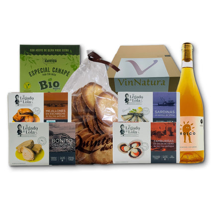 Regalo gourmet Arousa con conservas artesanales de las Rías Gallegas, dulces tradicionales y vino naranja natural para regalar