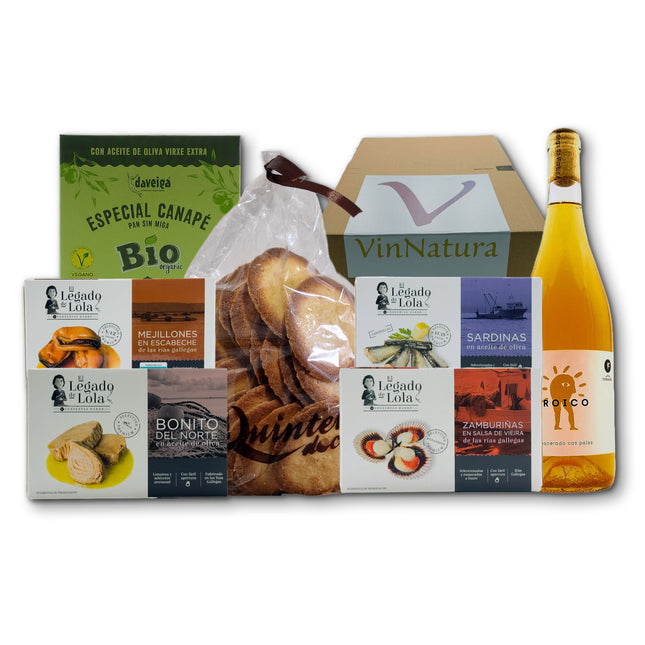Regalo gourmet Arousa con conservas artesanales de las Rías Gallegas, dulces tradicionales y vino naranja natural para regalar