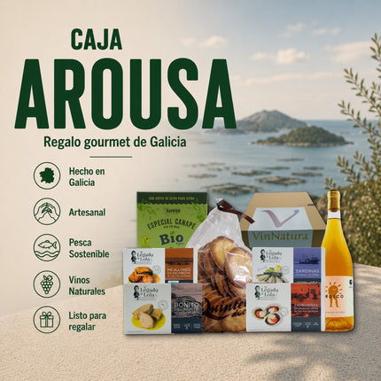 Caja gourmet Arousa de VinNatura con conservas de Galicia, dulces artesanales, aperitivos y vino naranja natural para regalar