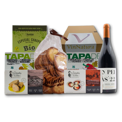 Regalo gourmet gallego Cortegada con conservas artesanales, tapas vegetales, tellas tradicionales y vino Mencía para regalar