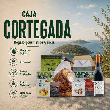 Regalo gourmet gallego Cortegada con conservas artesanales, tapas vegetales, dulces tradicionales y vino Mencía en presentación cuidada