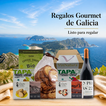 Caja gourmet Cortegada de VinNatura con conservas de Galicia, tapas vegetales, dulces artesanales, aperitivos y vino Mencía