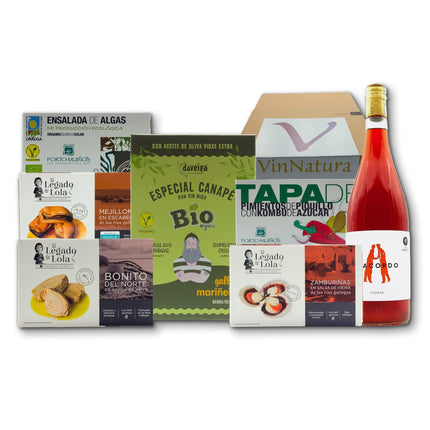 Caja gourmet Ons de VinNatura con conservas de las Rías Gallegas, algas, aperitivos y vino rosado natural