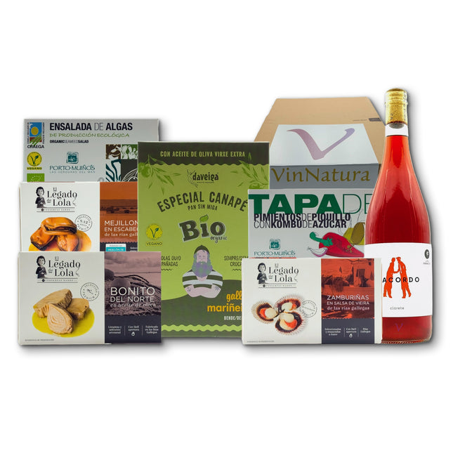Caja gourmet Ons de VinNatura con conservas de las Rías Gallegas, algas, aperitivos y vino rosado natural