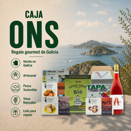 Caja gourmet Ons de VinNatura con conservas artesanales de Galicia, algas, aperitivos y vino rosado natural para regalar
