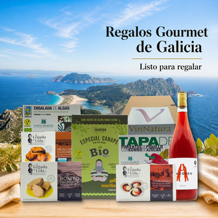 Caja gourmet Ons de VinNatura con conservas de Galicia, algas, aperitivos y vino rosado natural sobre fondo costero