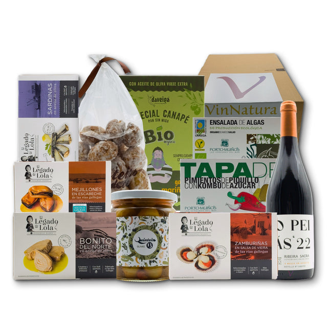 Regalo gourmet gallego Rodas con conservas artesanales, algas de Galicia, dulces tradicionales y vino Mencía para regalar