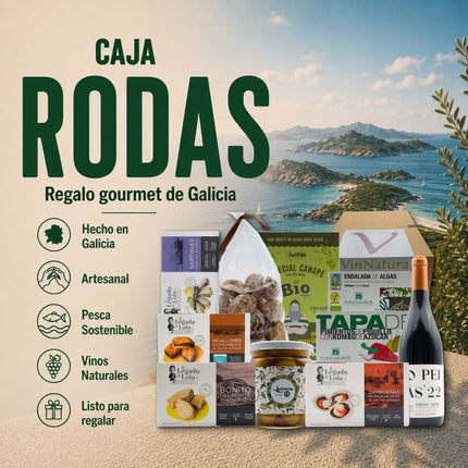 Caja gourmet Rodas de VinNatura con conservas de Galicia, algas, dulces artesanales, aperitivos y vino Mencía para regalar