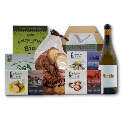 Regalo gourmet gallego Sálvora con conservas artesanales, algas de Galicia, dulces tradicionales y vino blanco para regalar
