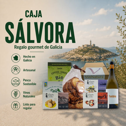 Regalo gourmet gallego Sálvora con conservas artesanales, algas de Galicia, dulces tradicionales y vino blanco en presentación cuidada