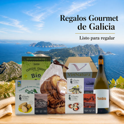 Regalo gourmet gallego Sálvora con conservas artesanales, algas de Galicia, dulces tradicionales y vino blanco listo para regalar