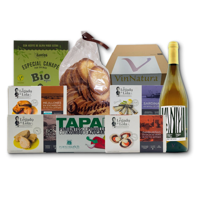 Regalo gourmet Vionta con conservas artesanales de las Rías Gallegas, tellas tradicionales y vino blanco gallego para regalar