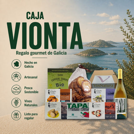Regalo gourmet de las Rías Gallegas Vionta con conservas artesanales, dulces tradicionales y vino blanco gallego en presentación cuidada