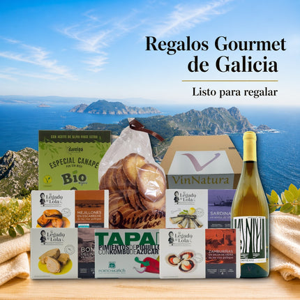 Regalo gourmet gallego Vionta con conservas artesanales, dulces tradicionales y vino blanco gallego listo para regalar