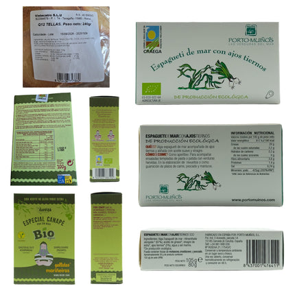Etiquetas de algas, tellas y picos artesanales de la caja gourmet con productos gallegos Sálvora