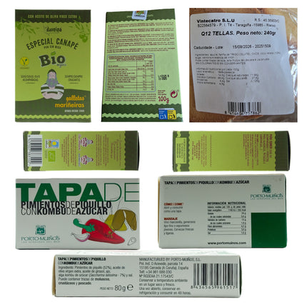 Etiquetas de tellas, picos artesanales y pimientos del piquillo de la caja gourmet con productos gallegos Vionta