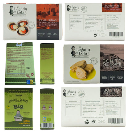 Etiquetas de conservas artesanales y pan crujiente de la caja gourmet Cortegada